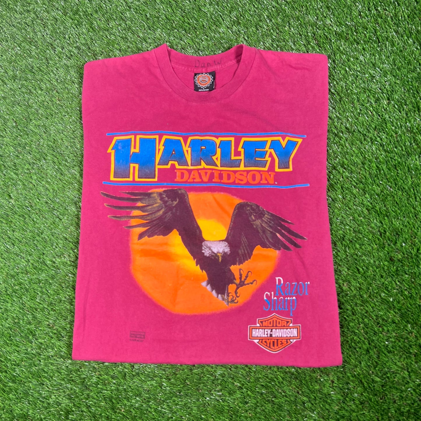 1996 Harley Davidson Magenta "Razor Sharp" Eagle Tee Size Large USED v17582