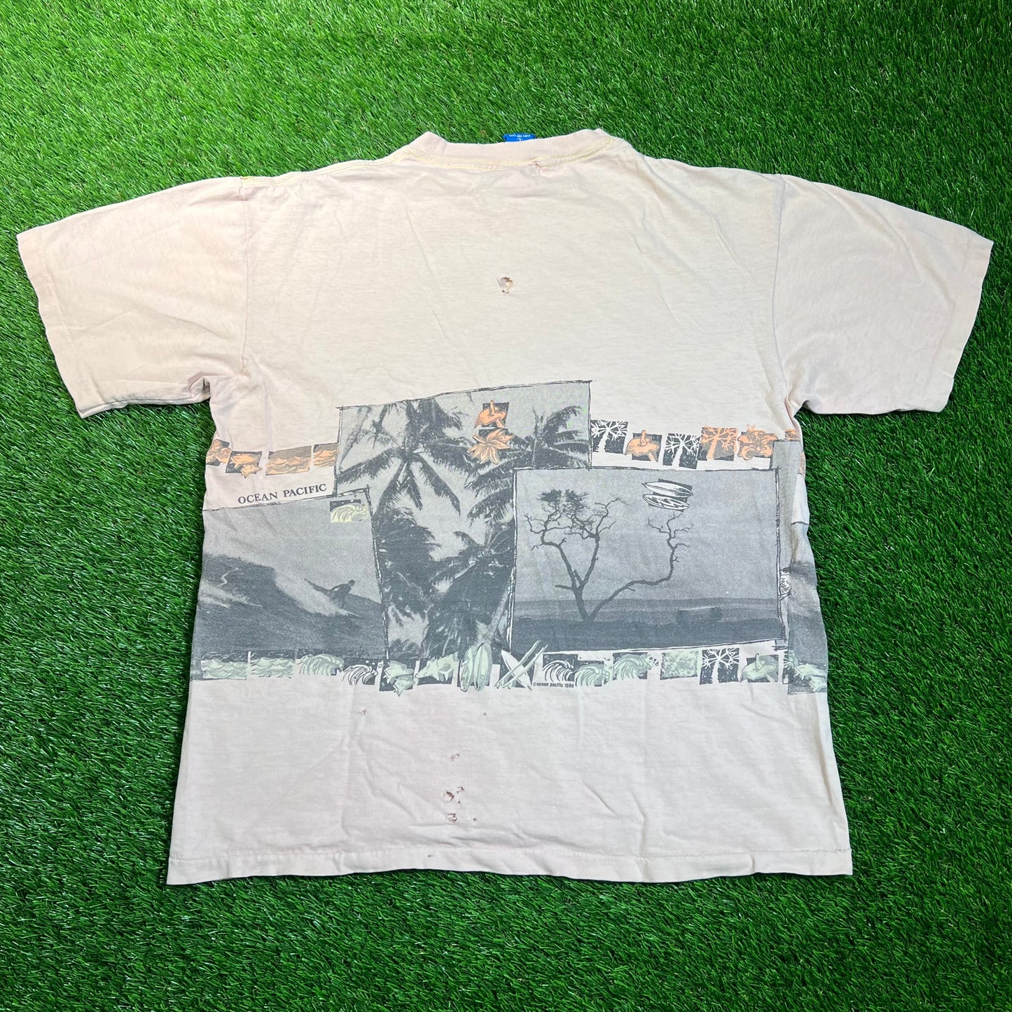 1986 Ocean Pacific Photo Wrap Pinkish Tee Size Large USED v18815