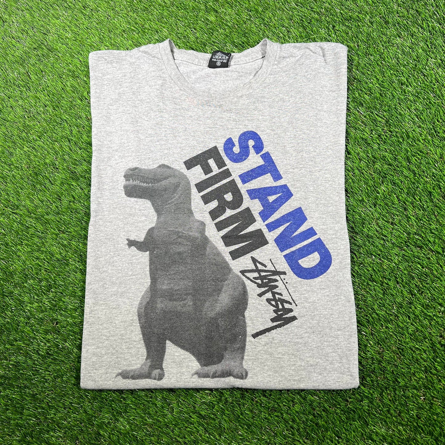 Y2K Stussy "Stand Firm" Dinosaur Grey Tee Size XL USED x14774