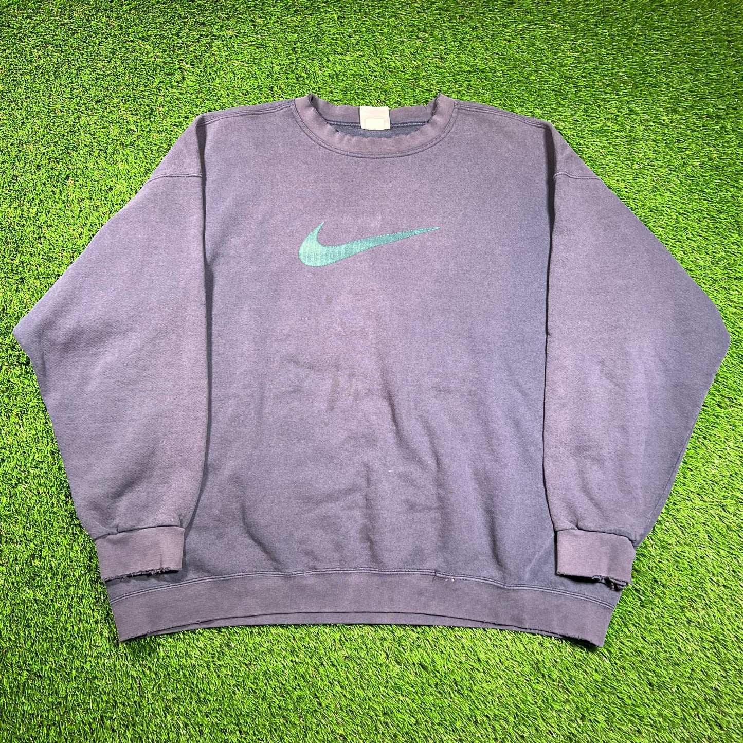 1990s Green Print Swoosh Navy Blue Crewneck Size XXL USED v18588