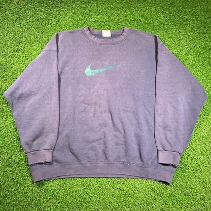 1990s Green Print Swoosh Navy Blue Crewneck Size XXL USED v18588