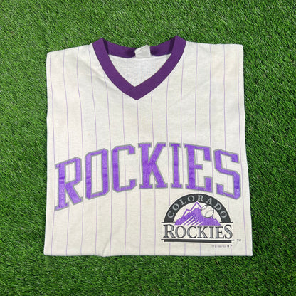 1993 Colorado Rockies Pinstripe White Tee Size Large USED v18120