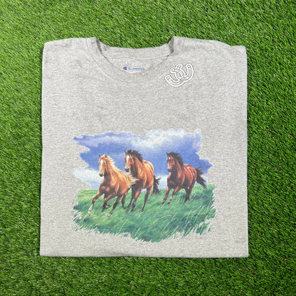 1990s Champion Running Horses Cropped Grey Tee Size XXL USED V17464