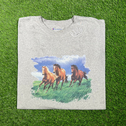 1990s Champion Running Horses Cropped Grey Tee Size XXL USED V17464