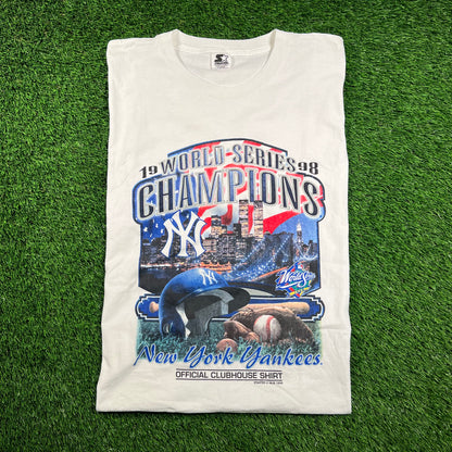 1998 Yankees World Series Twin Towers White Tee Size XL USED v18523