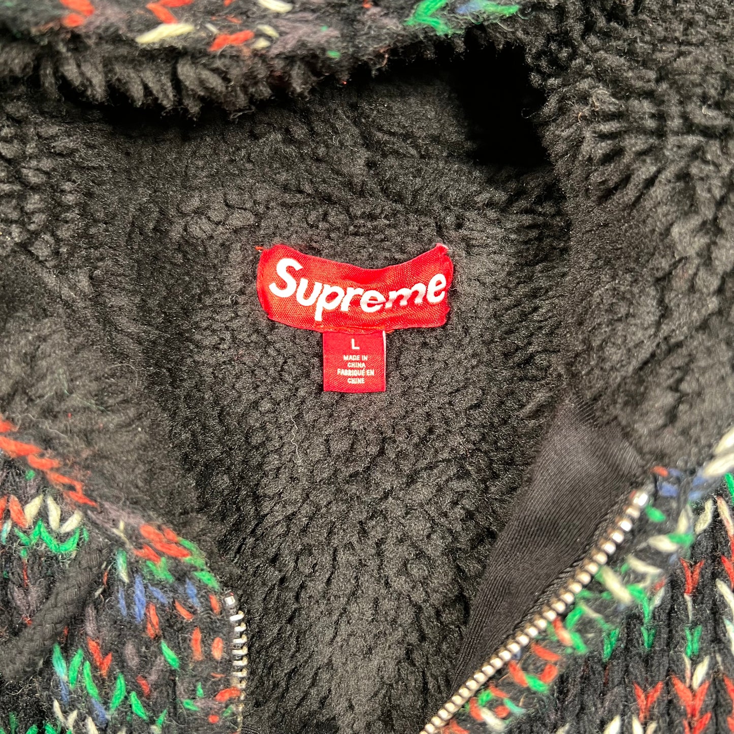 Supreme Faux Shearling Lined Multi Color Hooded Sweater Size Large USED x16414