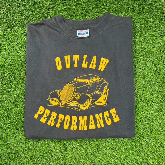 1990s Outlaw Performance Hot Rod Racing Navy Blue Tee Size XL USED v18351