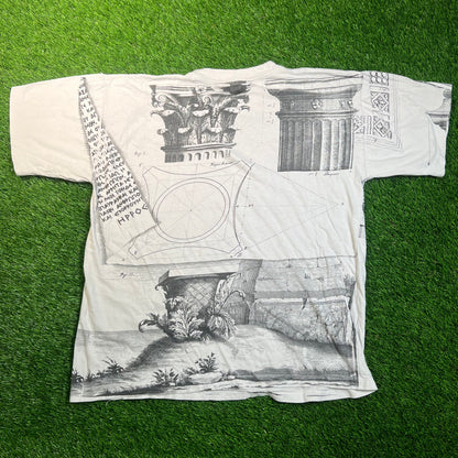 1990s Greek Architectural Styles AOP Grey Tee Size Medium USED v18817