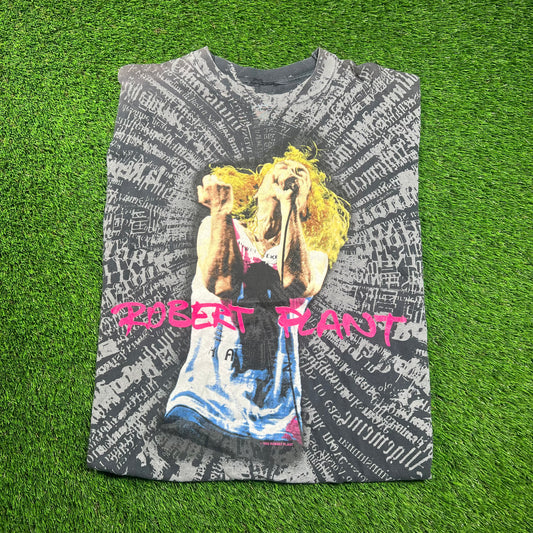 1993 Robert Plant All Over Print Text Black Tee Size Large USED v18352