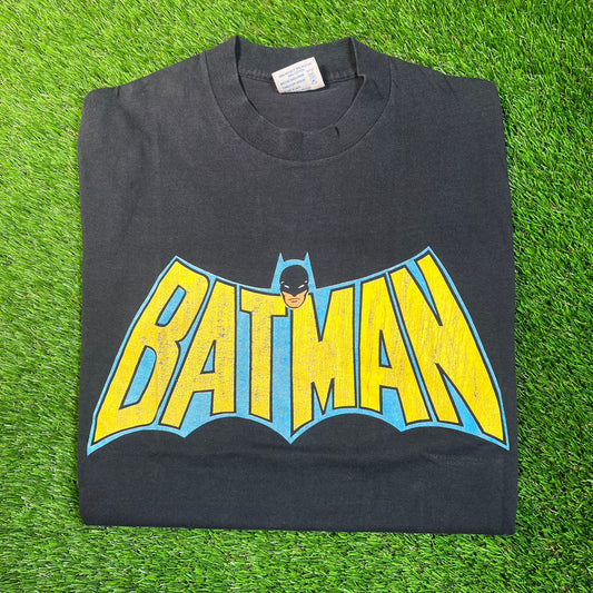 1980s Batman TV Logo Black Tee Size Large USED v18845