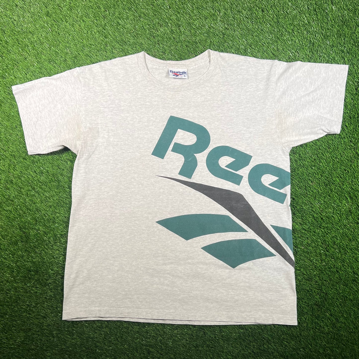 1990s Reebok Grey WrapAround Logo Tee Size Large USED v17868