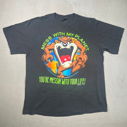 1990 Taz Mess With My Plant Black Tee Size XL USED v18041