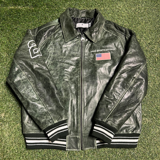 Vale Sports Division Green Leather Varsoty Jacket Size XXL USED x14088