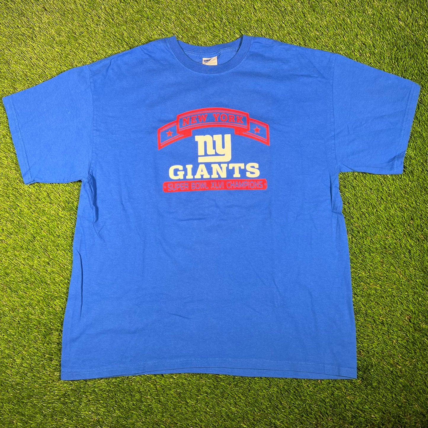 2012 New York Giants Blue Super Bowl Champions Tee Size XL USED v17495