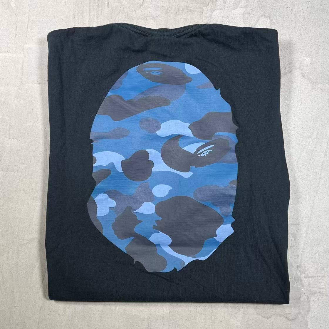 Bape Big Ape Head Blue Camo Black Tee Size Large USED x18936