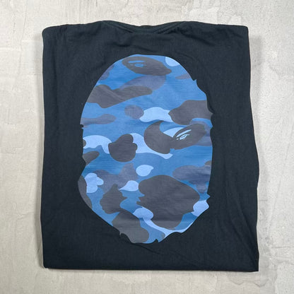 Bape Big Ape Head Blue Camo Black Tee Size Large USED x18936