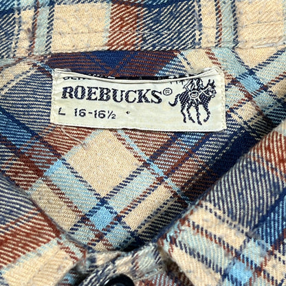 1980s Genuine Roebucks Button Up Blue/Tan Flannel Size Large USED v16532
