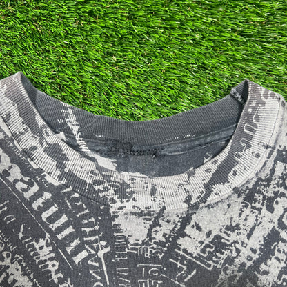 1993 Robert Plant All Over Print Text Black Tee Size Large USED v18352