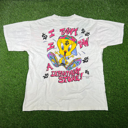 1994 Looney Tunes Tweety Bird Shop Drop AOP White Tee Size XL USED v16893