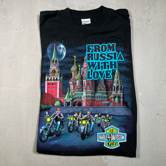 Harley Davidson Black "From Russia with Love" Tee (Russian Tags) Size XL NEW v15278