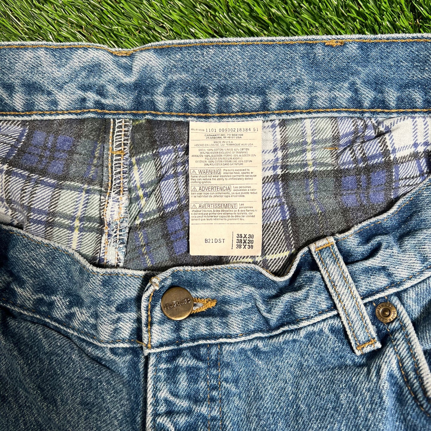 1990s Carhartt Blue Denim Blanket Lined Jeans Size 38 USED v18189
