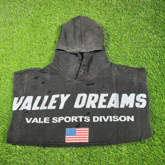 Vale Sports Division "Valley Dreams" Washed Black Distressed Hoodie Size XL USED x14849
