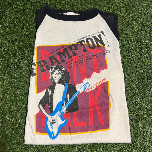 1981 Frampton Breaking All The Rules Tour White Baseball Tee Size Small USED v16396