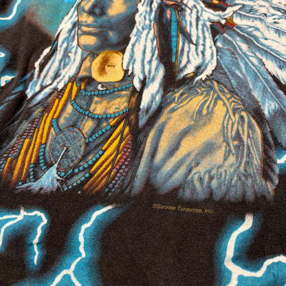 1990s American Thunder Native American AOP Black Tee Size Large USED v17917