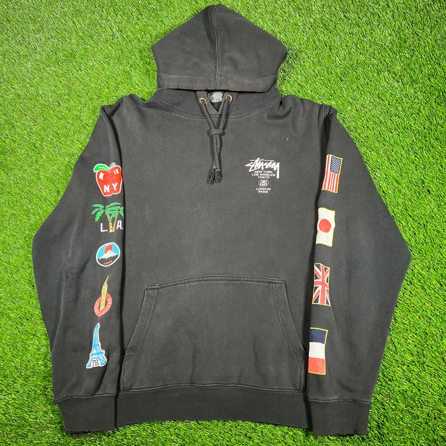 Y2K Stussy World Tour Black Hoodie Size Medium USED x14815