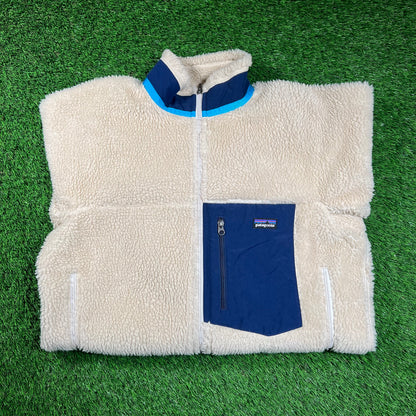 Patagonia Classic Retro-X Jacket Cream/Dark Blue Fleece Jacket Size Medium USED v18344