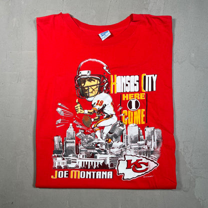 1993 Joe Montana Chiefs Here I Come Salem Tag Red Tee Size XL USED v16754