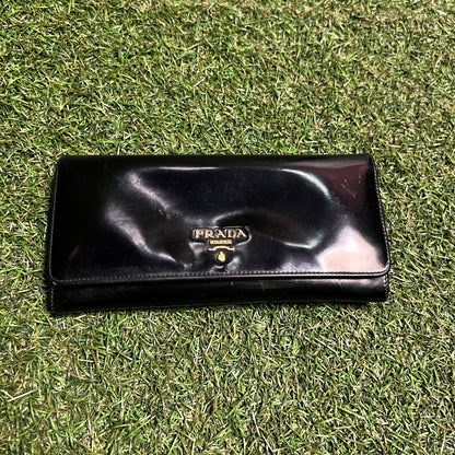 1990s Prada Saffiano Patent Leather Long Black Wallet USED x14078