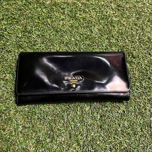 1990s Prada Saffiano Patent Leather Long Black Wallet USED x14078
