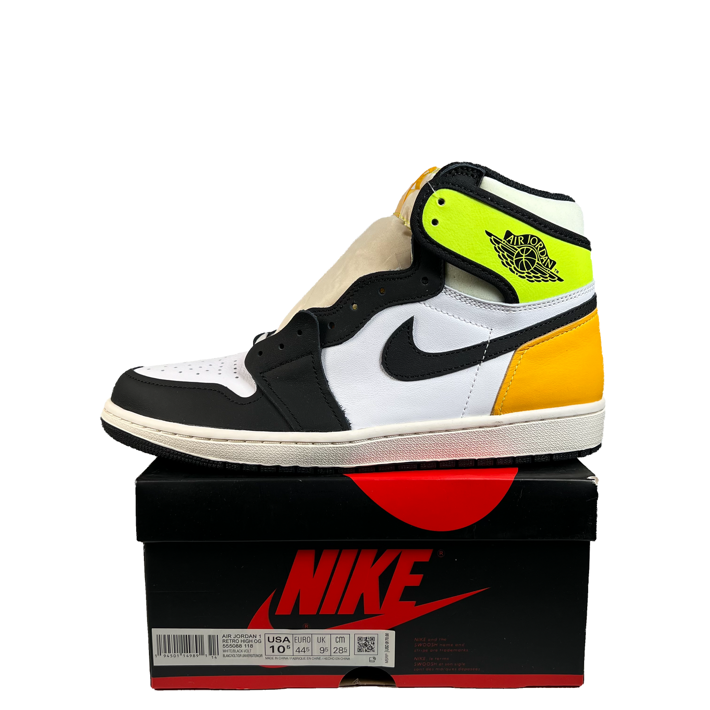 Jordan 1 High White Black Volt University Gold (2021) Size 10.5 NEW s22324