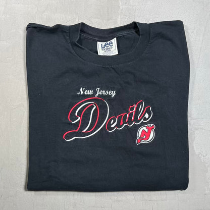 1990s New Jersey Devils Embroidered Black Tee Size XXL USED v20356