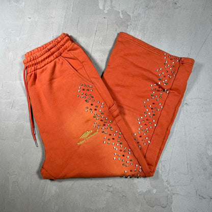 HMDD Rhinestone Crystal Washed Orange Sweatpants Size Small USED x18955