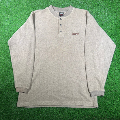 Y2K ESPN Brown Henley Longlseeve Size Medium USED v17996