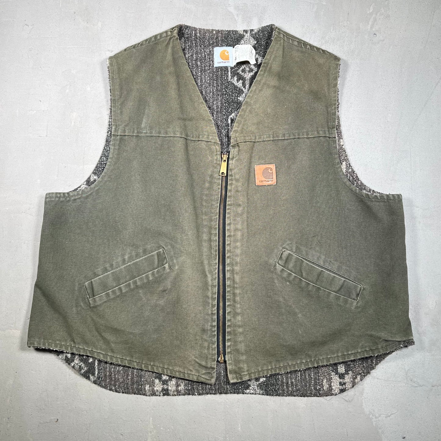 1990s Carhartt Southwest Aztec Fleece Lined Green Vest Size XXL USED v19262