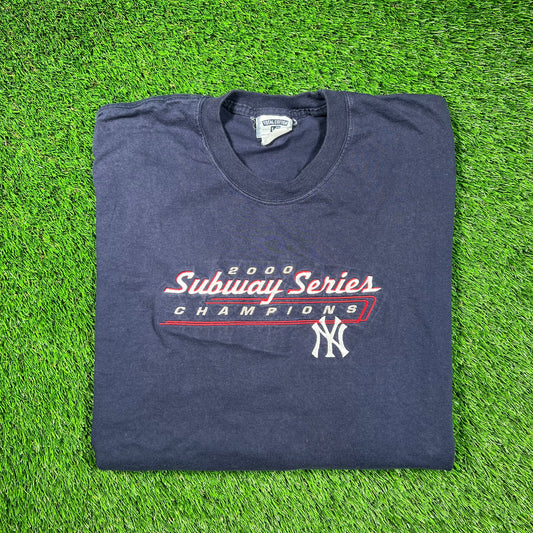 2000 Yankees Subway Series Champions Navy Blue Tee Size XL USED v18635