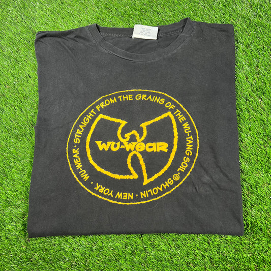 1990s Wu Tang Wu Wear Circle Yellow Logo Black Tee Size Large USED v16964