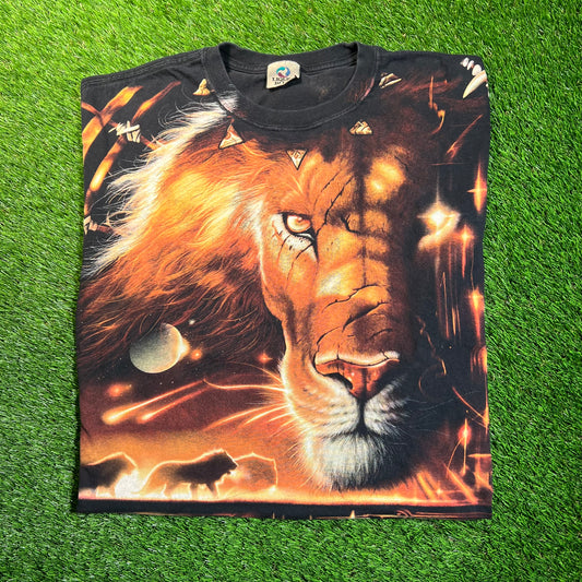 2004 Liquid Blue AOP Lion Black Tee Size Large USED v18814
