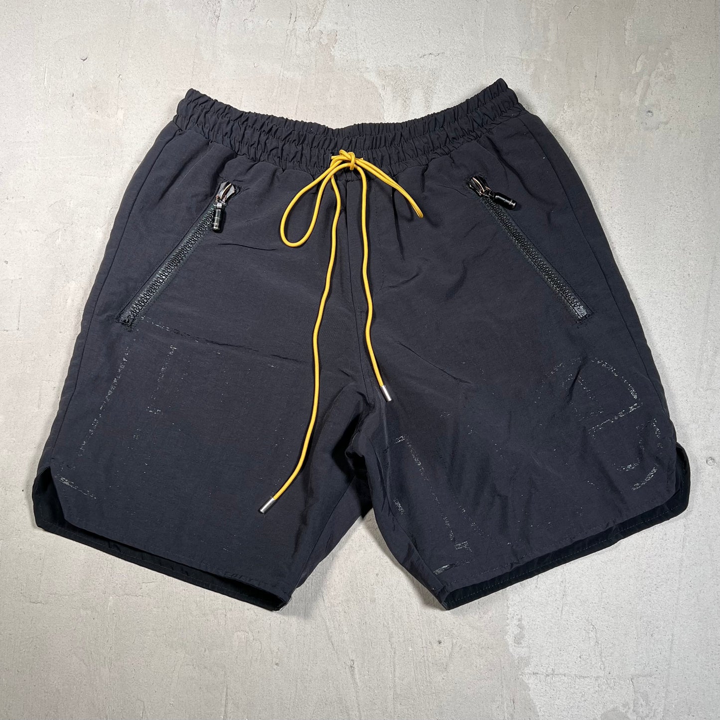 Rhude Front Spellout Faded Black Swim Shorts Size Medium USED x17597