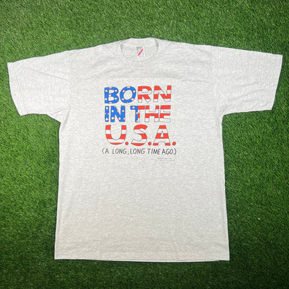 1990s "Born in the USA" Grey Humor Tee Size Large USED v17606