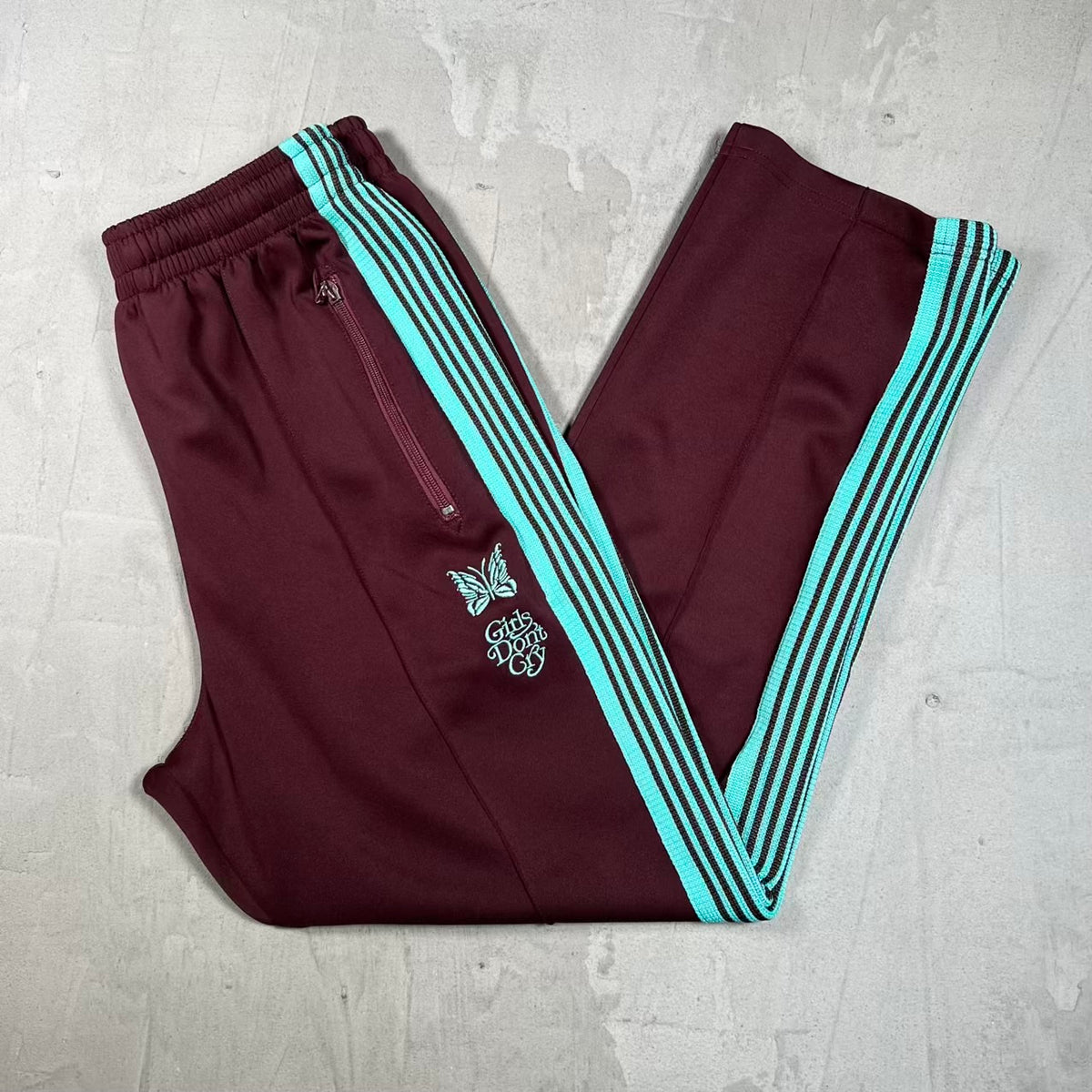 Needles Girls Don't Cry Maroon/Turquoise Track Pants Size Medium USED x18913