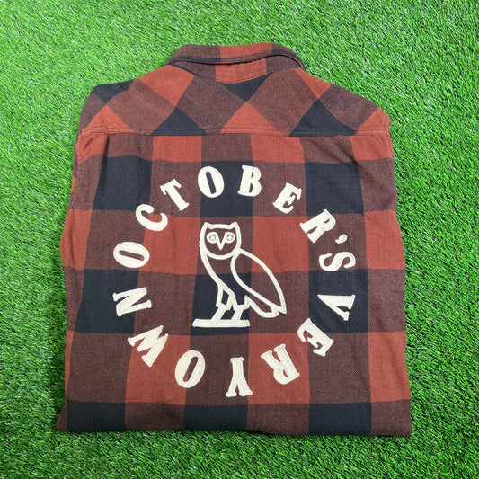 OVO Brown Buffalo Plaid Flannel Shirt Size Large USED x15566