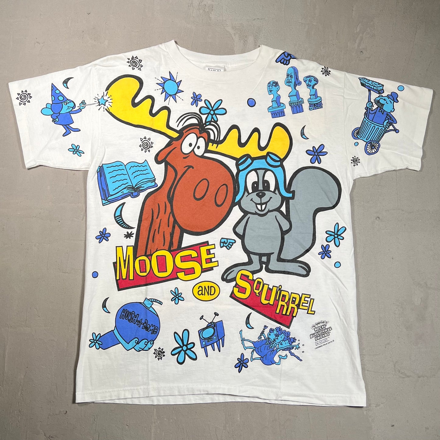 1993 The adventures of Rocky and Bullwinkle and Friends Moose and Squirrel AOP tee wild oats tag Size Large USED v12149