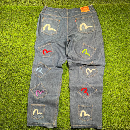 Y2K Evisu 25 Pocket Blue Jeans Size 38 USED x16279
