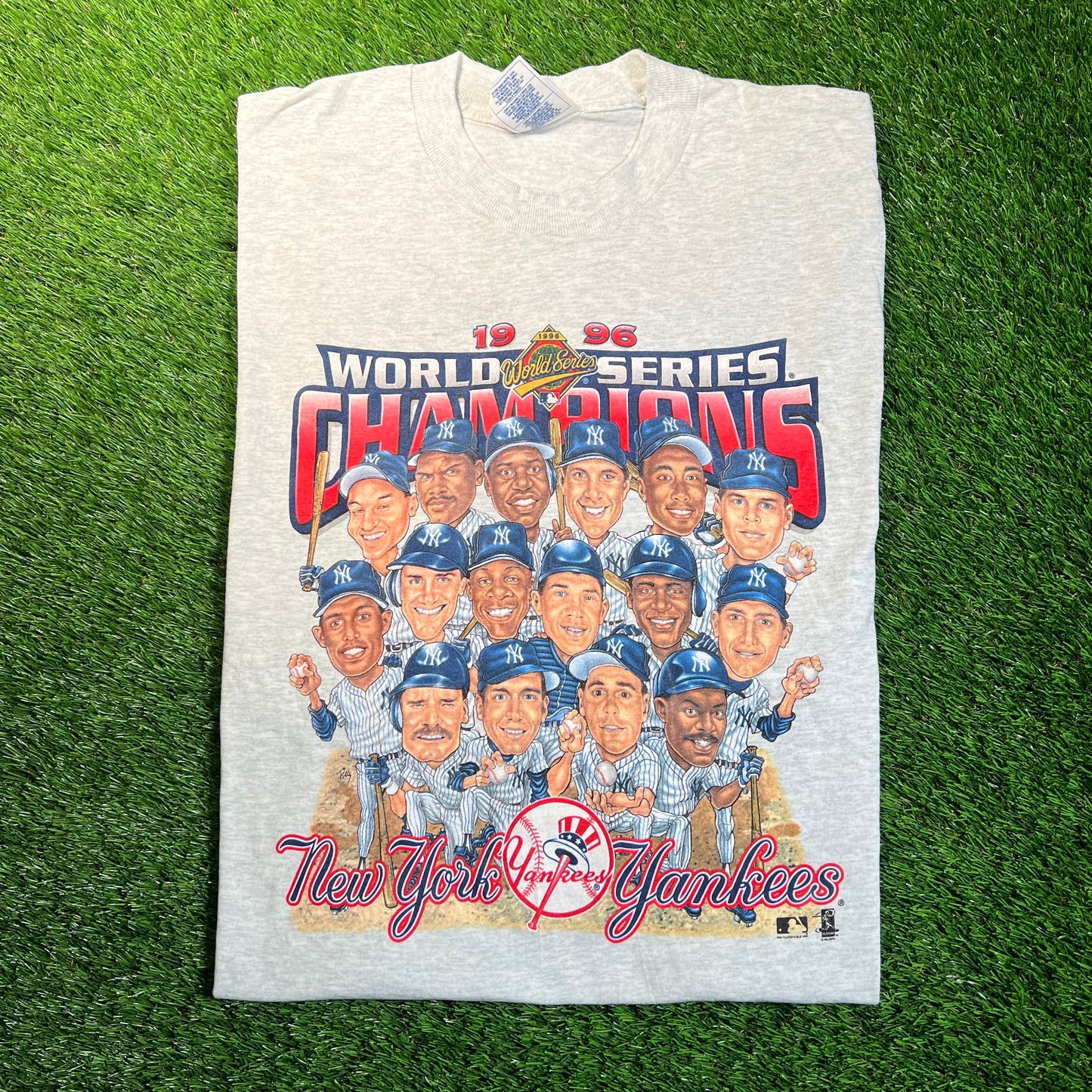 1996 New York Yankees Team Cartoon Champion Tee Grey Size XL USED v18823