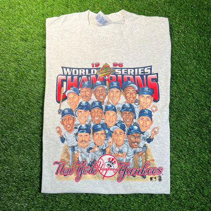 1996 New York Yankees Team Cartoon Champion Tee Grey Size XL USED v18823