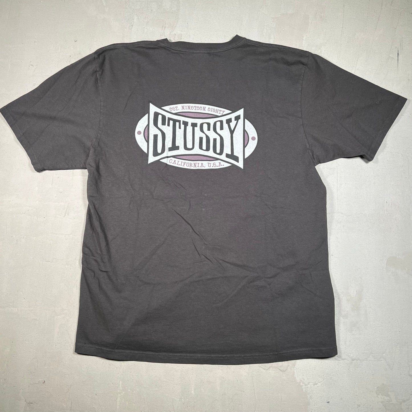Stussy California Dark Grey Logo Tee Size Large USED x17504